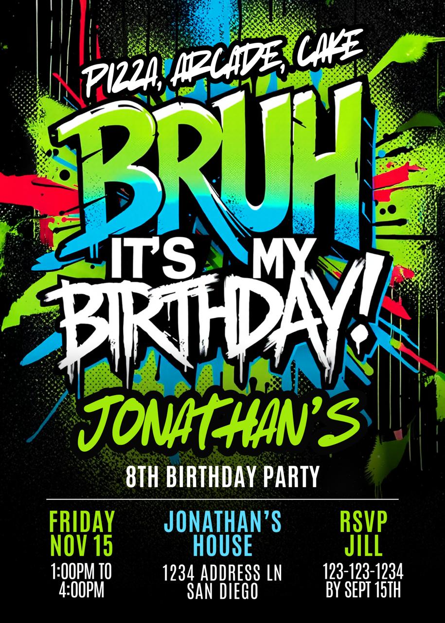 Bold graffiti-style birthday invitation with neon green and blue lettering