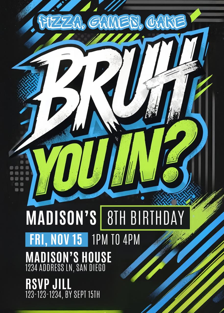 Graffiti-style birthday invitation with bold blue and green lettering