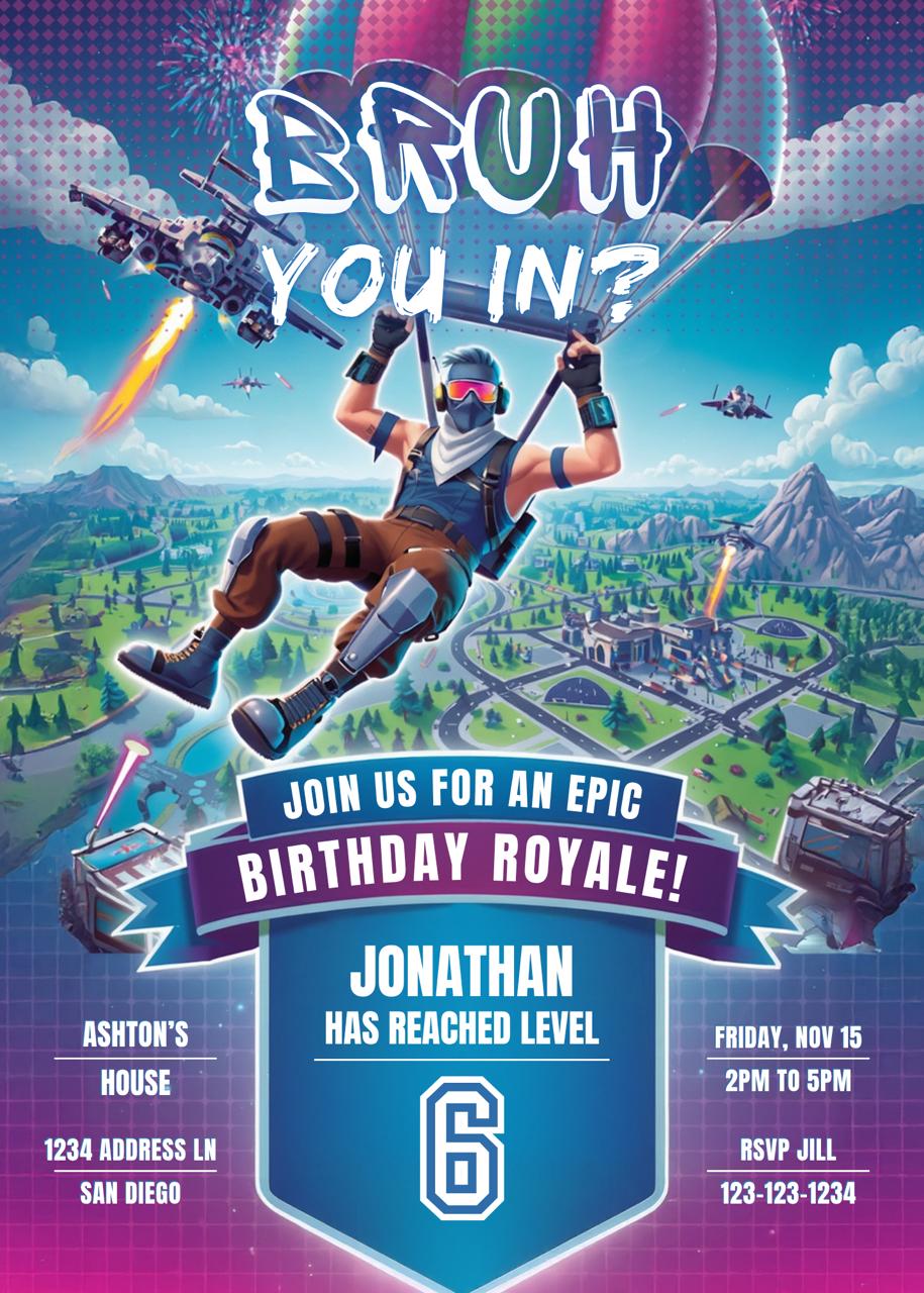 Battle royale video game themed birthday invitation with a paratrooper over a map