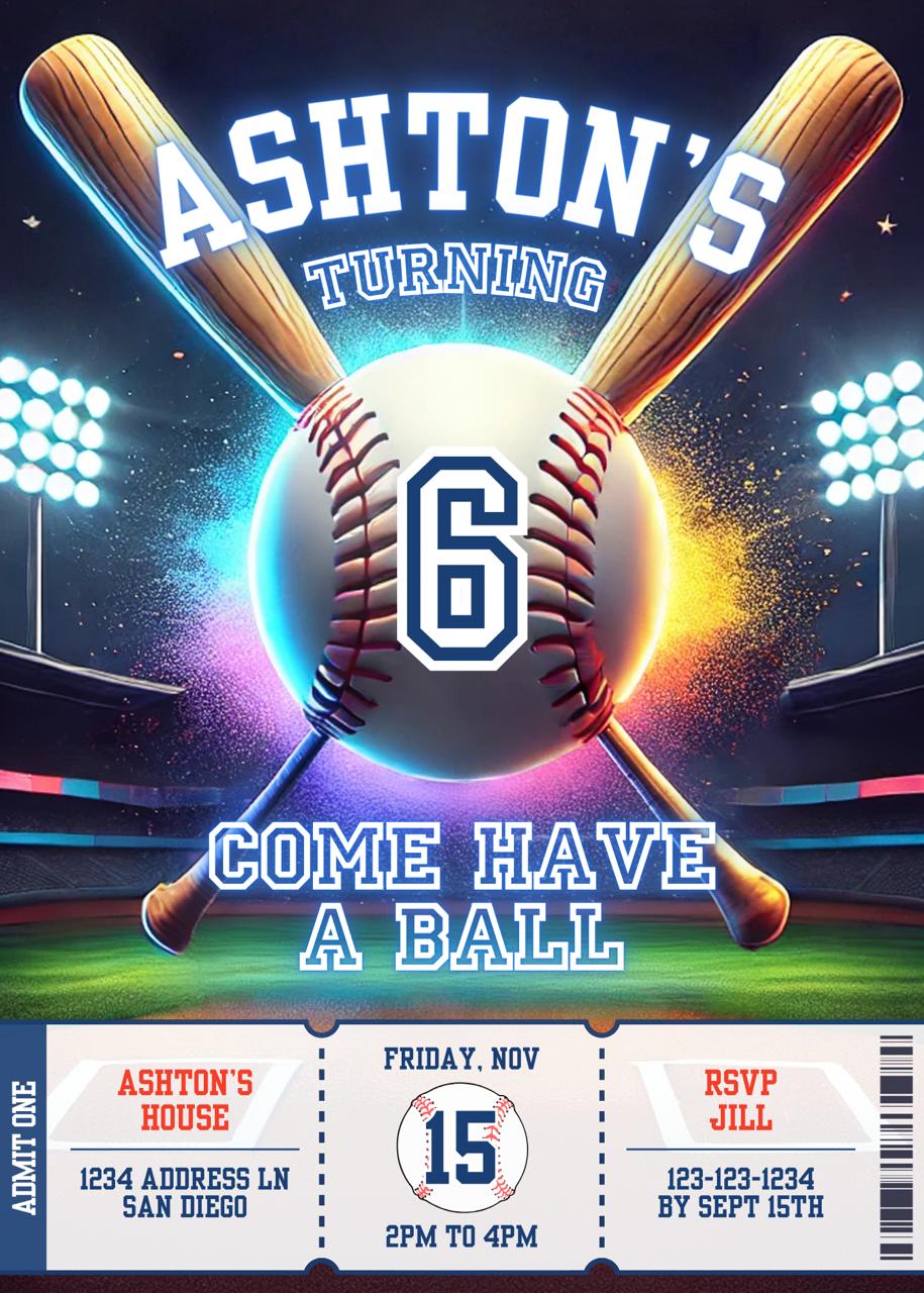 Baseball themed birthday invitation with crossed bats and stadium lights