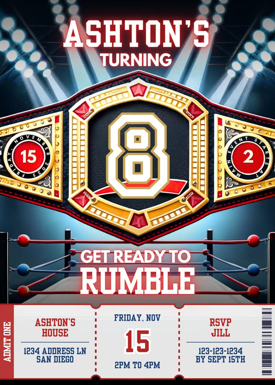 Wrestling championship belt themed birthday invitation