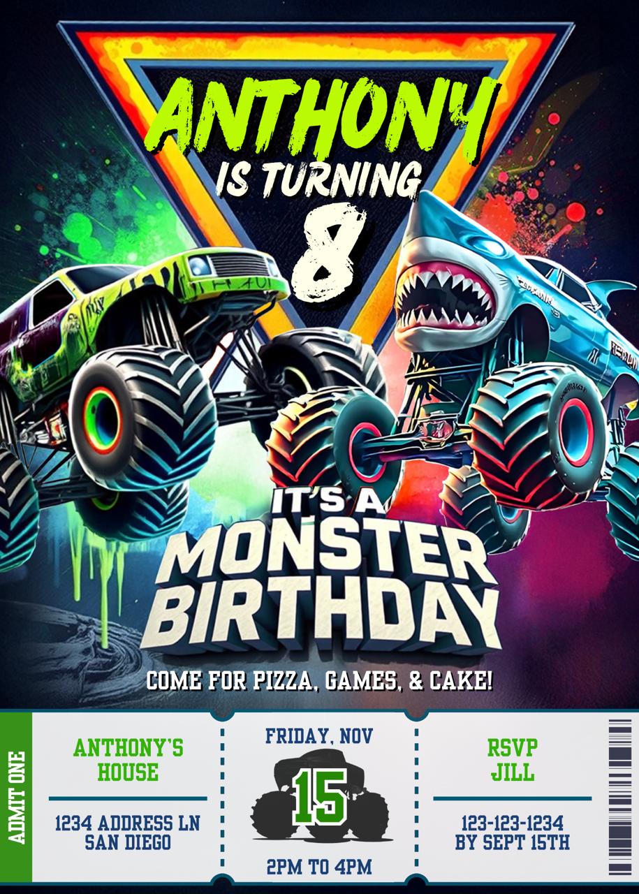 Monster truck themed birthday invitation with two trucks crashing together