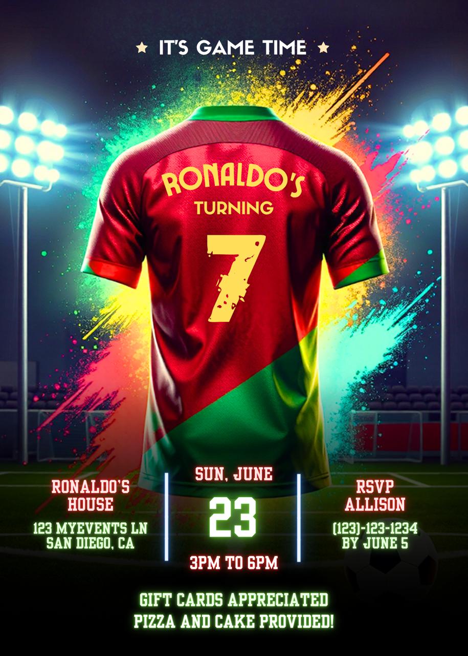 Soccer jersey themed birthday invitation with stadium lights