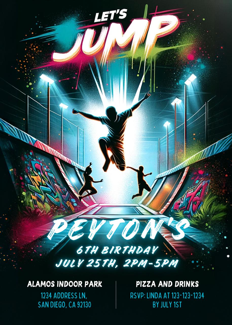 Trampoline park themed birthday invitation with jumping silhouettes
