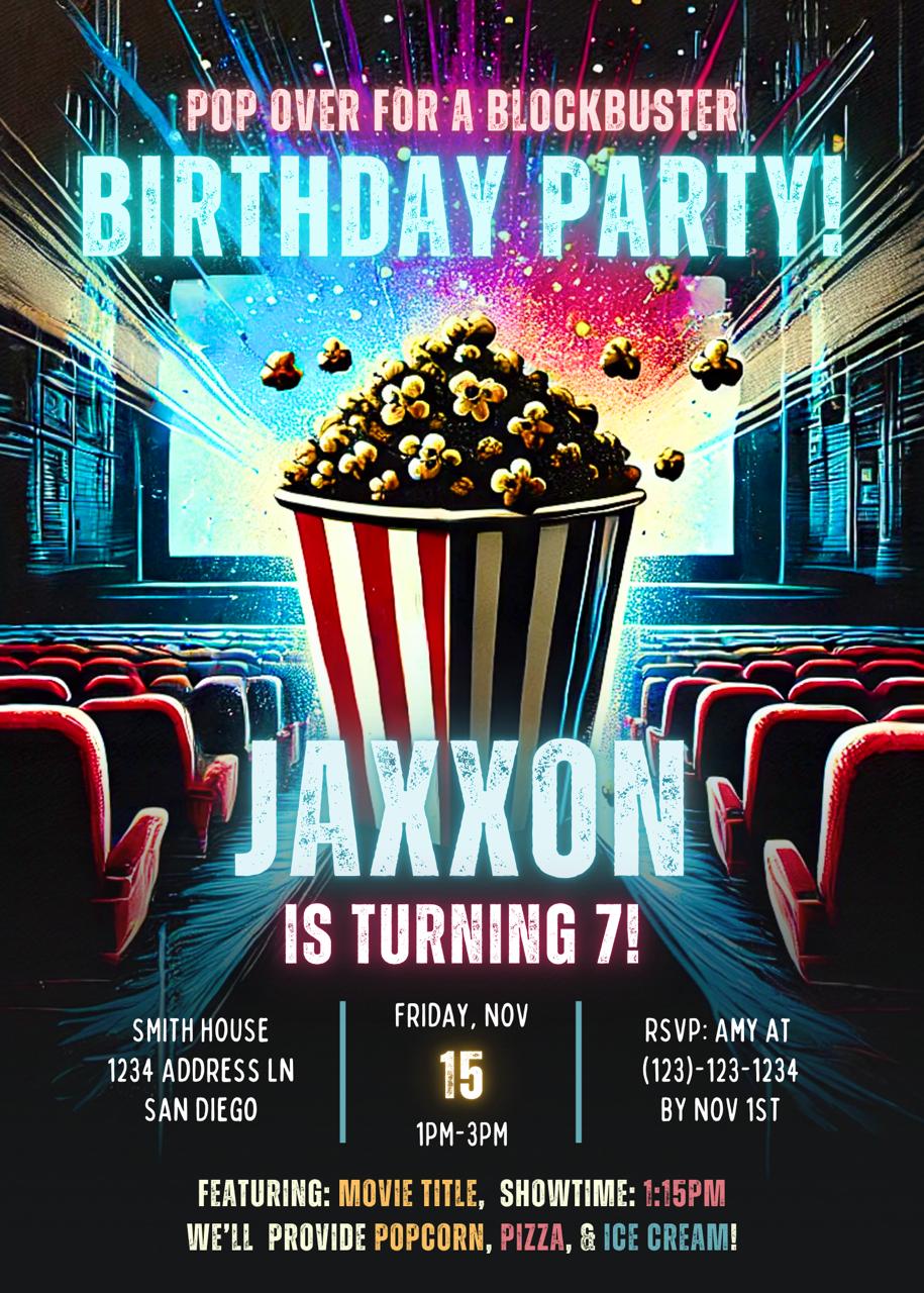 Movie theater themed birthday invitation with popcorn and a bright screen