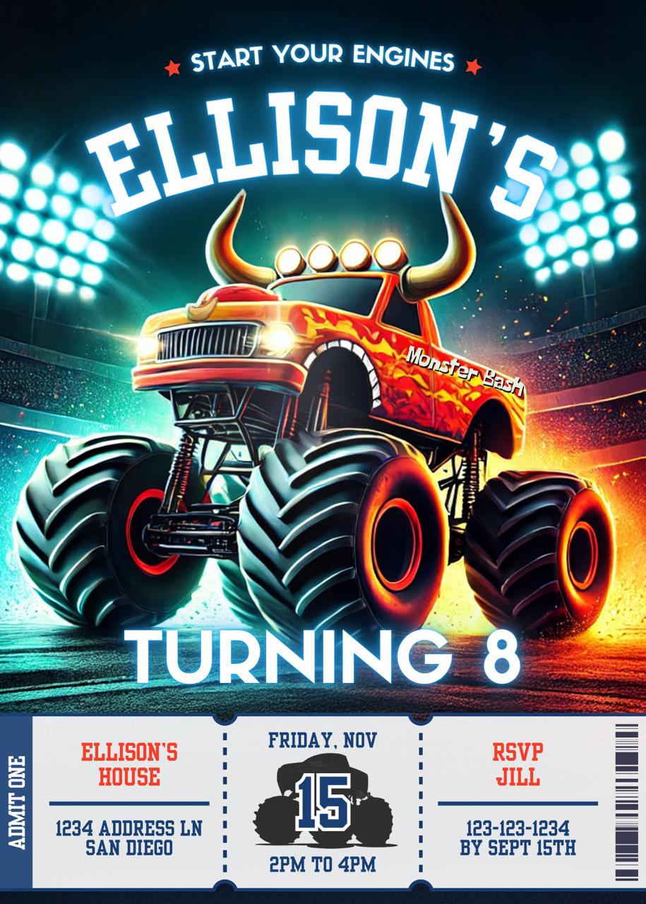 Monster truck themed birthday invitation with stadium lights and racing graphics